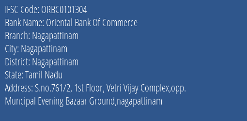 Oriental Bank Of Commerce Nagapattinam Branch Nagapattinam IFSC Code ORBC0101304