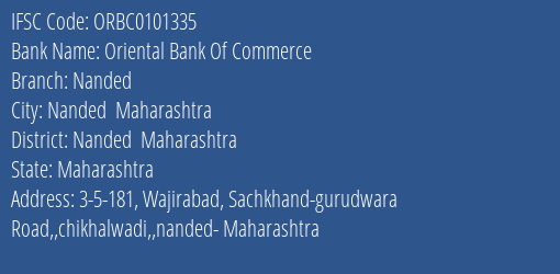 Oriental Bank Of Commerce Nanded Branch Nanded Maharashtra IFSC Code ORBC0101335