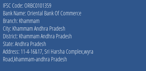 Oriental Bank Of Commerce Khammam Branch Khammam Andhra Pradesh IFSC Code ORBC0101359