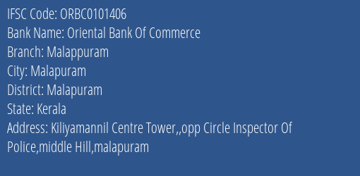 Oriental Bank Of Commerce Malappuram Branch Malapuram IFSC Code ORBC0101406