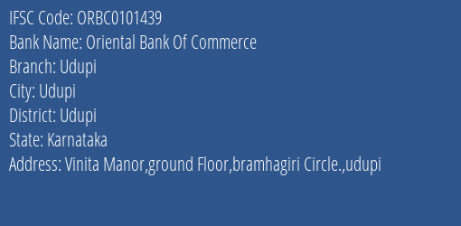 Oriental Bank Of Commerce Udupi Branch Udupi IFSC Code ORBC0101439