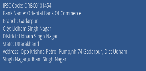 Oriental Bank Of Commerce Gadarpur Branch Udham Singh Nagar IFSC Code ORBC0101454