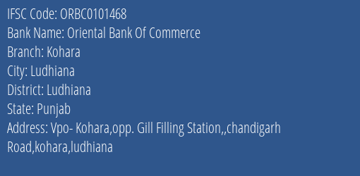 Oriental Bank Of Commerce Kohara Branch Ludhiana IFSC Code ORBC0101468