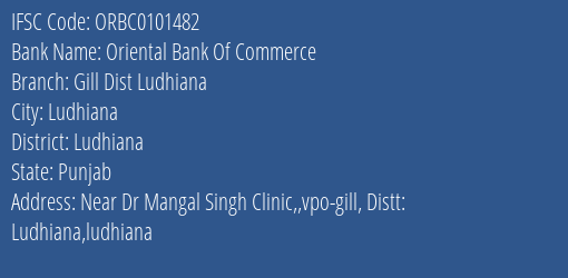 Oriental Bank Of Commerce Gill Dist Ludhiana Branch Ludhiana IFSC Code ORBC0101482