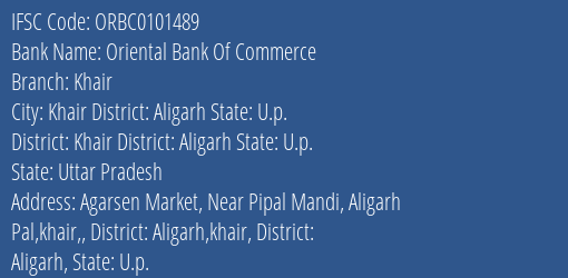 Oriental Bank Of Commerce Khair Branch Khair District: Aligarh State: U.p. IFSC Code ORBC0101489