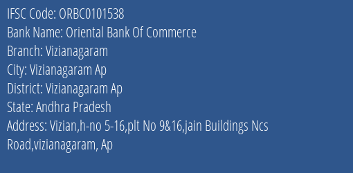 Oriental Bank Of Commerce Vizianagaram Branch Vizianagaram Ap IFSC Code ORBC0101538