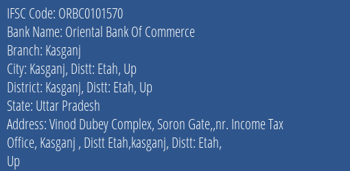 Oriental Bank Of Commerce Kasganj Branch Kasganj Distt: Etah Up IFSC Code ORBC0101570