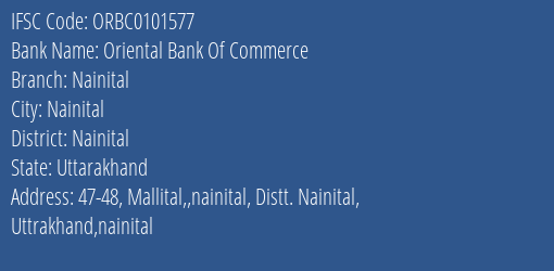 Oriental Bank Of Commerce Nainital Branch Nainital IFSC Code ORBC0101577