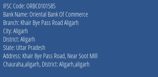 Oriental Bank Of Commerce Khair Bye Pass Road Aligarh Branch Aligarh IFSC Code ORBC0101585