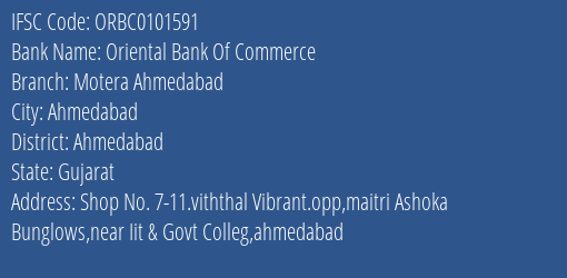 Oriental Bank Of Commerce Motera Ahmedabad Branch Ahmedabad IFSC Code ORBC0101591