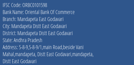 Oriental Bank Of Commerce Mandapeta East Godavari Branch, Branch Code 101598 & IFSC Code ORBC0101598