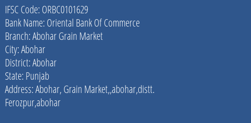 Oriental Bank Of Commerce Abohar Grain Market Branch Abohar IFSC Code ORBC0101629