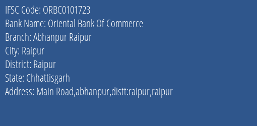 Oriental Bank Of Commerce Abhanpur Raipur Branch Raipur IFSC Code ORBC0101723