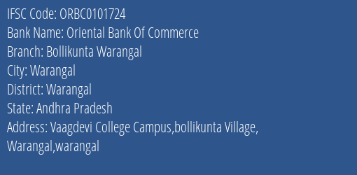 Oriental Bank Of Commerce Bollikunta Warangal Branch Warangal IFSC Code ORBC0101724