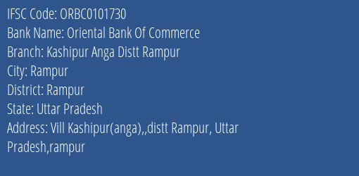 Oriental Bank Of Commerce Kashipur Anga Distt Rampur Branch Rampur IFSC Code ORBC0101730