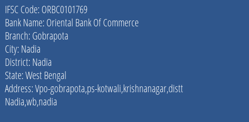 Oriental Bank Of Commerce Gobrapota Branch Nadia IFSC Code ORBC0101769