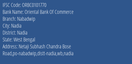 Oriental Bank Of Commerce Nabadwip Branch Nadia IFSC Code ORBC0101770