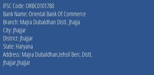 Oriental Bank Of Commerce Majra Dubaldhan Distt. Jhajja Branch Jhajjar IFSC Code ORBC0101780