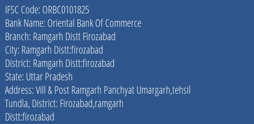 Oriental Bank Of Commerce Ramgarh Distt Firozabad Branch Ramgarh Distt:firozabad IFSC Code ORBC0101825