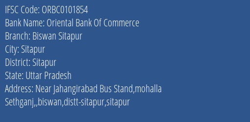 Oriental Bank Of Commerce Biswan Sitapur Branch Sitapur IFSC Code ORBC0101854