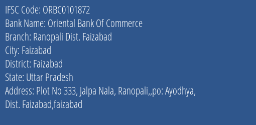 Oriental Bank Of Commerce Ranopali Dist. Faizabad Branch Faizabad IFSC Code ORBC0101872