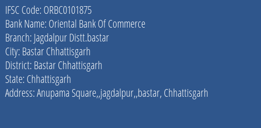Oriental Bank Of Commerce Jagdalpur Distt.bastar Branch Bastar Chhattisgarh IFSC Code ORBC0101875