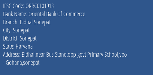 Oriental Bank Of Commerce Bidhal Sonepat Branch Sonepat IFSC Code ORBC0101913