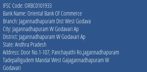 Oriental Bank Of Commerce Jagannadhapuram Dist West Godava Branch Jagannadhapuram W Godavari Ap IFSC Code ORBC0101933