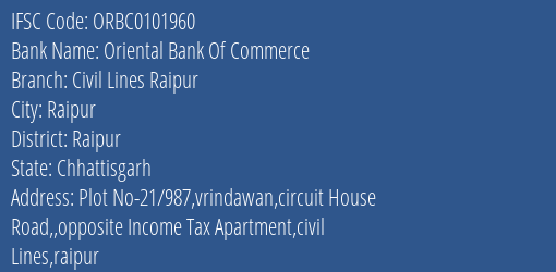 Oriental Bank Of Commerce Civil Lines Raipur Branch Raipur IFSC Code ORBC0101960