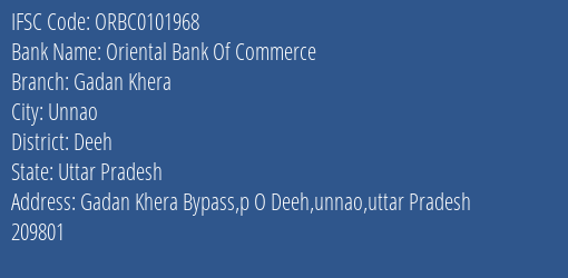 Oriental Bank Of Commerce Gadan Khera Branch Deeh IFSC Code ORBC0101968