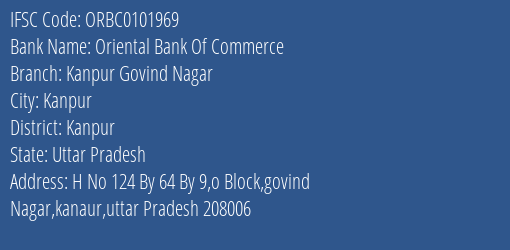 Oriental Bank Of Commerce Kanpur Govind Nagar Branch Kanpur IFSC Code ORBC0101969