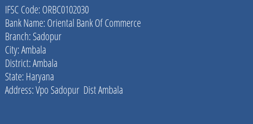 Oriental Bank Of Commerce Sadopur Branch Ambala IFSC Code ORBC0102030