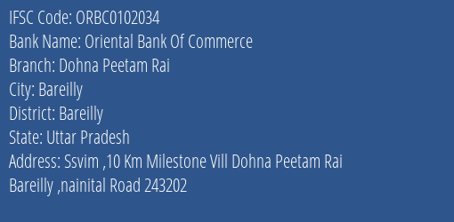 Oriental Bank Of Commerce Dohna Peetam Rai Branch Bareilly IFSC Code ORBC0102034