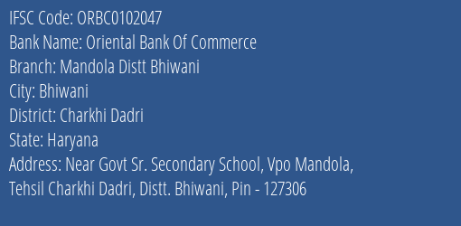 Oriental Bank Of Commerce Mandola Distt Bhiwani Branch Charkhi Dadri IFSC Code ORBC0102047