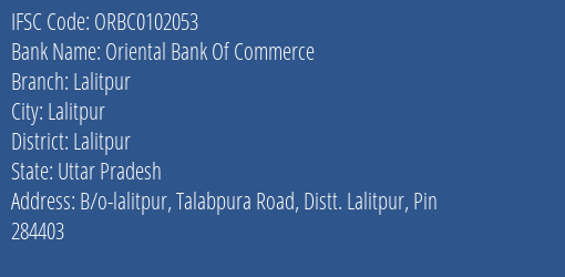 Oriental Bank Of Commerce Lalitpur Branch, Branch Code 102053 & IFSC Code ORBC0102053