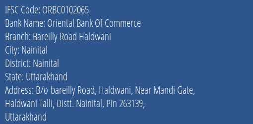Oriental Bank Of Commerce Bareilly Road Haldwani Branch Nainital IFSC Code ORBC0102065