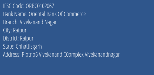 Oriental Bank Of Commerce Vivekanand Nagar Branch Raipur IFSC Code ORBC0102067