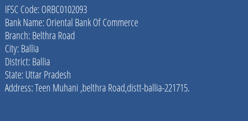 Oriental Bank Of Commerce Belthra Road Branch Ballia IFSC Code ORBC0102093