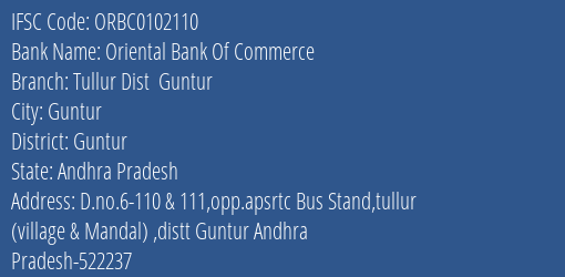 Oriental Bank Of Commerce Tullur Dist Guntur Branch Guntur IFSC Code ORBC0102110