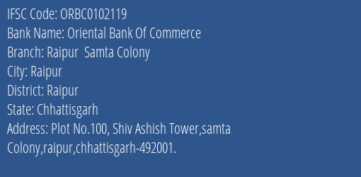 Oriental Bank Of Commerce Raipur Samta Colony Branch Raipur IFSC Code ORBC0102119