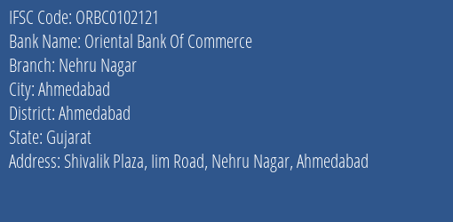 Oriental Bank Of Commerce Nehru Nagar Branch Ahmedabad IFSC Code ORBC0102121