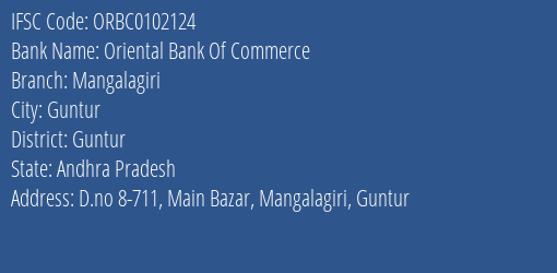 Oriental Bank Of Commerce Mangalagiri Branch Guntur IFSC Code ORBC0102124