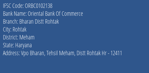 Oriental Bank Of Commerce Bharan Distt Rohtak Branch Meham IFSC Code ORBC0102138