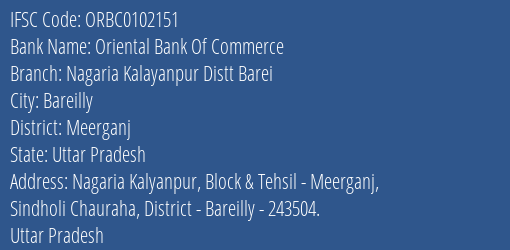 Oriental Bank Of Commerce Nagaria Kalayanpur Distt Barei Branch Meerganj IFSC Code ORBC0102151