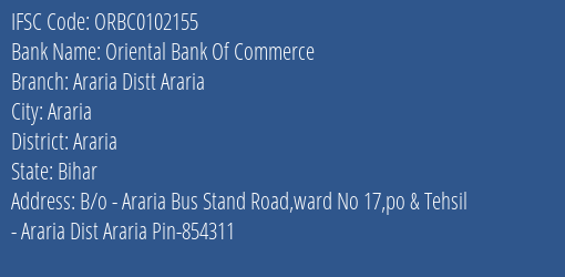 Oriental Bank Of Commerce Araria Distt Araria Branch Araria IFSC Code ORBC0102155