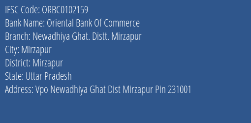 Oriental Bank Of Commerce Newadhiya Ghat. Distt. Mirzapur Branch Mirzapur IFSC Code ORBC0102159