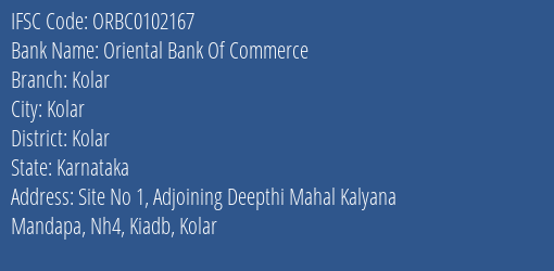 Oriental Bank Of Commerce Kolar Branch Kolar IFSC Code ORBC0102167