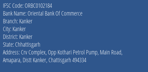 Oriental Bank Of Commerce Kanker Branch Kanker IFSC Code ORBC0102184
