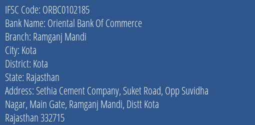 Oriental Bank Of Commerce Ramganj Mandi Branch Kota IFSC Code ORBC0102185