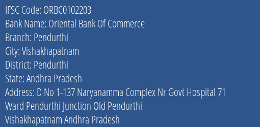 Oriental Bank Of Commerce Pendurthi Branch Pendurthi IFSC Code ORBC0102203